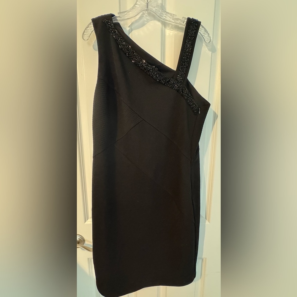 Robbie Bee Black One Shoulder Dress with Beaded Accent